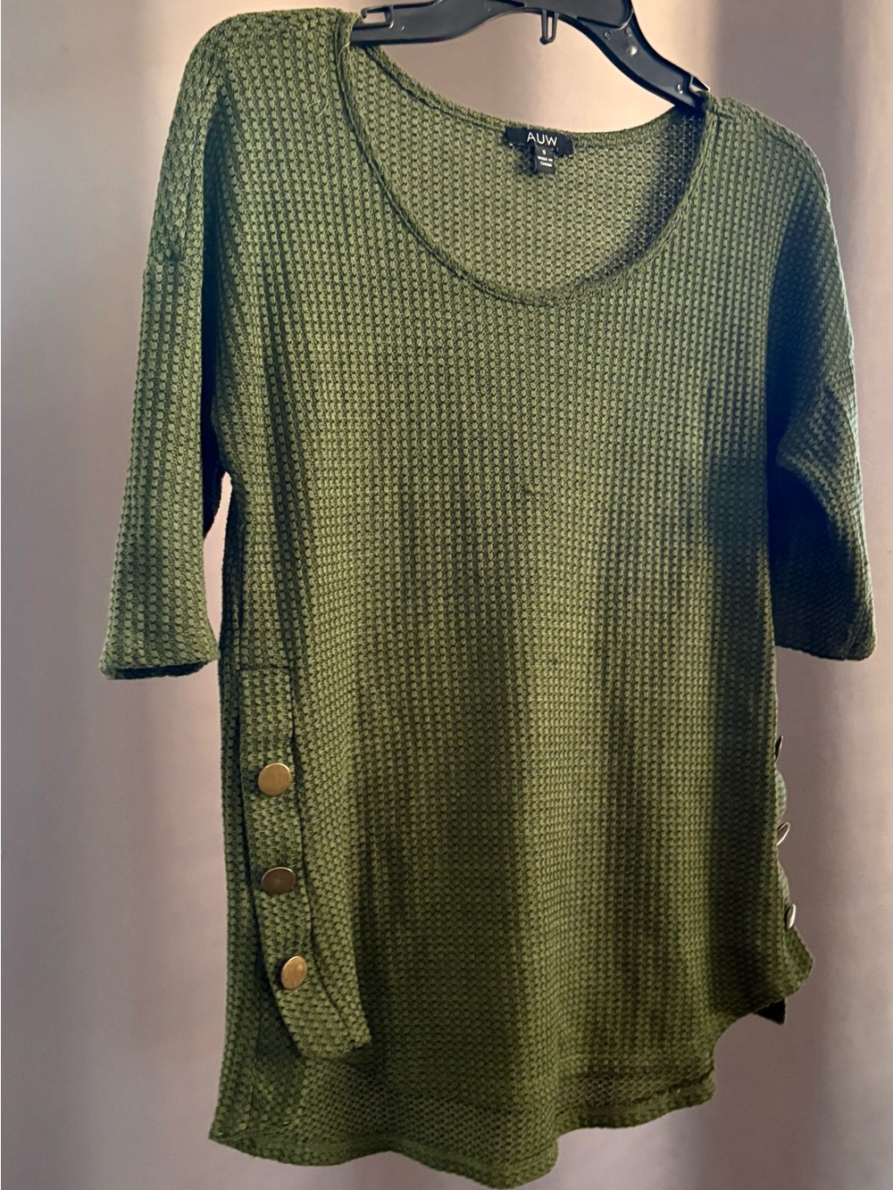 AUW Olive Green Waffle Knit Button Side Slit Scoop Neck Tunic Top Small